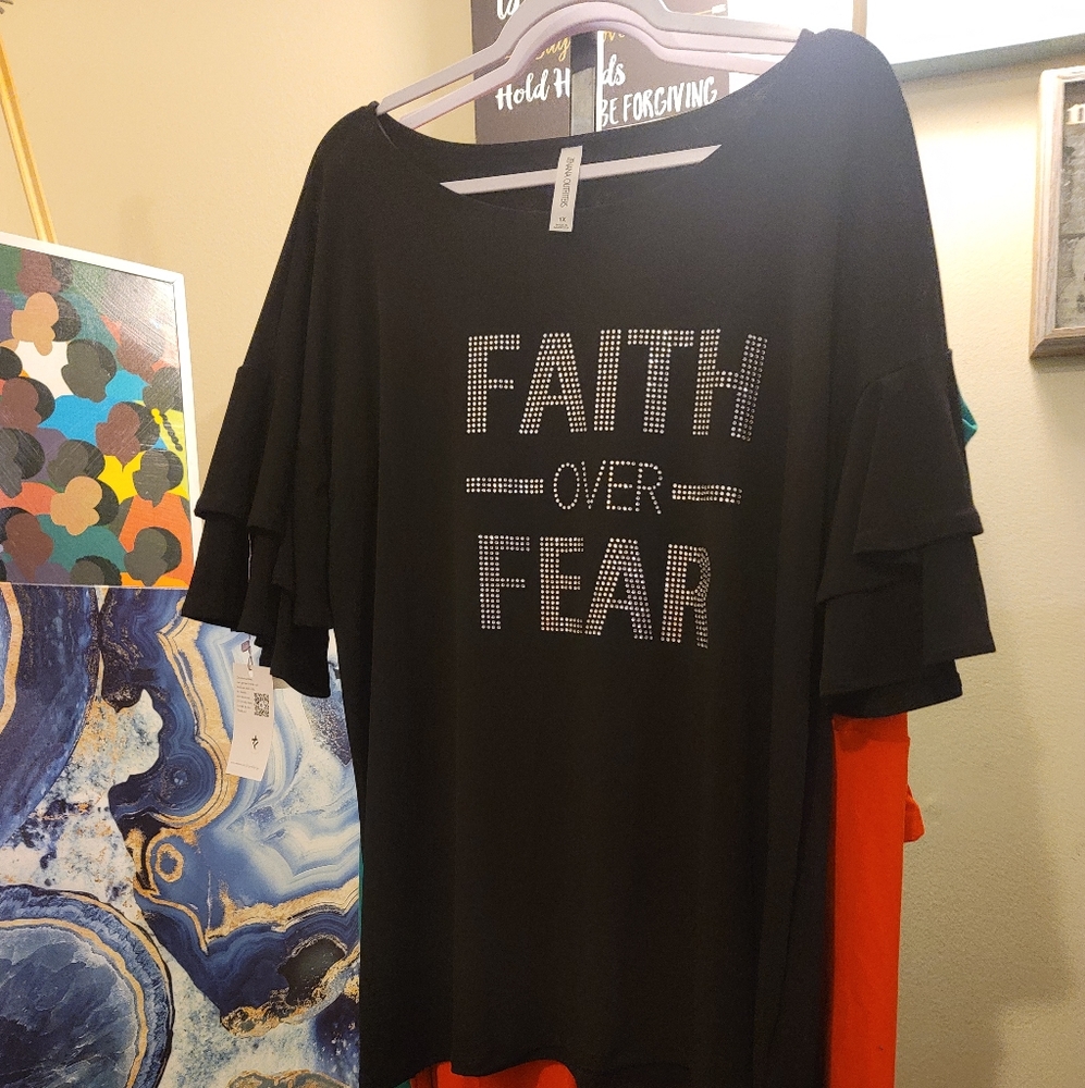Faith Over Fear Ruffle Sleeve Rhinestone Blouse